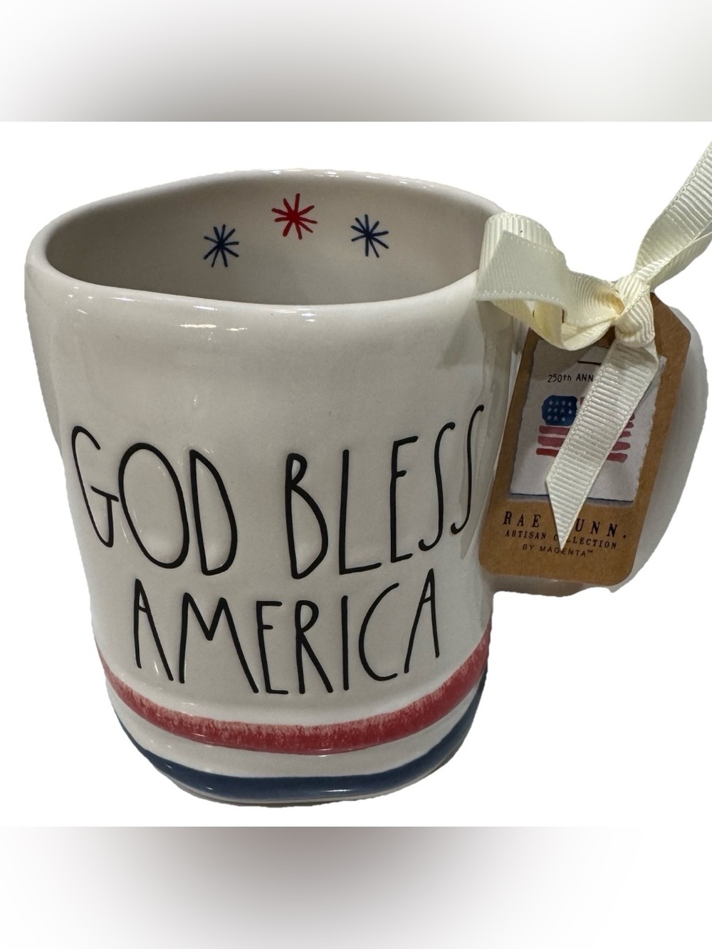 Rae Dunn USA Patriotic Coffee Mug “God Bless America” Stars & Stripes New